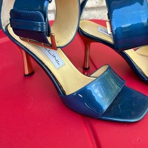 Blue metallic ankle wrap shoe